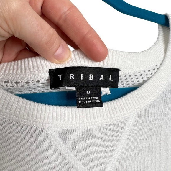 Tribal White Perforated Mesh Knit Round Neckline Blouse - Picture 5 of 10